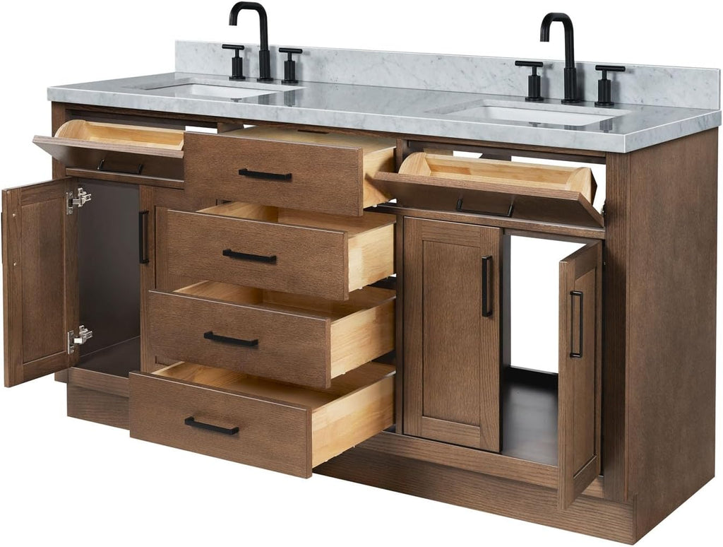 ARIEL Hepburn 66-inch Bathroom Vanity with Sink,Solid Wood, 1.5-inch Italian Carrara Marble Countertop, Double Rectangular Porcelain Sink, 4 Soft Closing Doors, 6 Dovetail Drawers, Brown Oak
