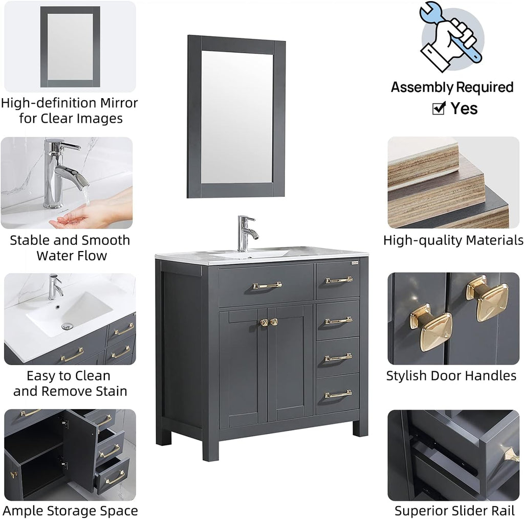 36 inch Bathroom Vanity with Sink Countertop Mirror Faucet Modern Grey | Freestanding bathroom vanity cabinet, ceramic single sink combo