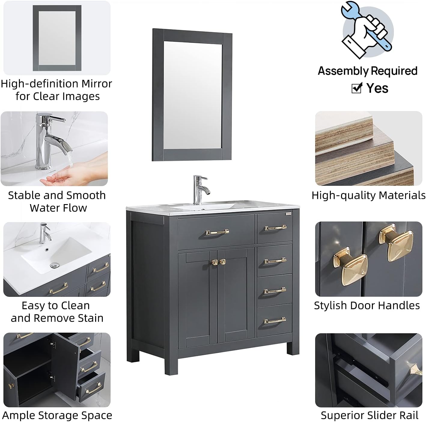 36 inch Bathroom Vanity with Sink Countertop Mirror Faucet Modern Grey | Freestanding bathroom vanity cabinet, ceramic single sink combo