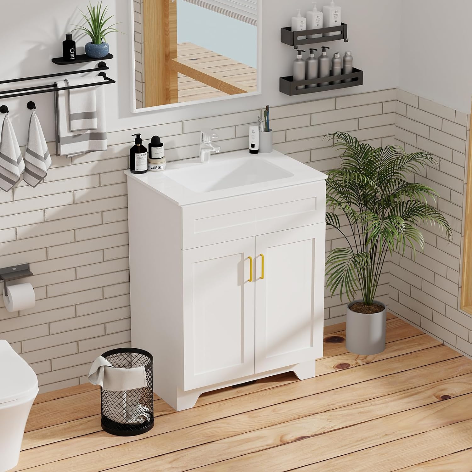 24 Inch Bathroom Vanity with Sink, Modern Bathroom Vanity with Ceramic Basin and Countertop, Narrow Design for Small Bathroom, White