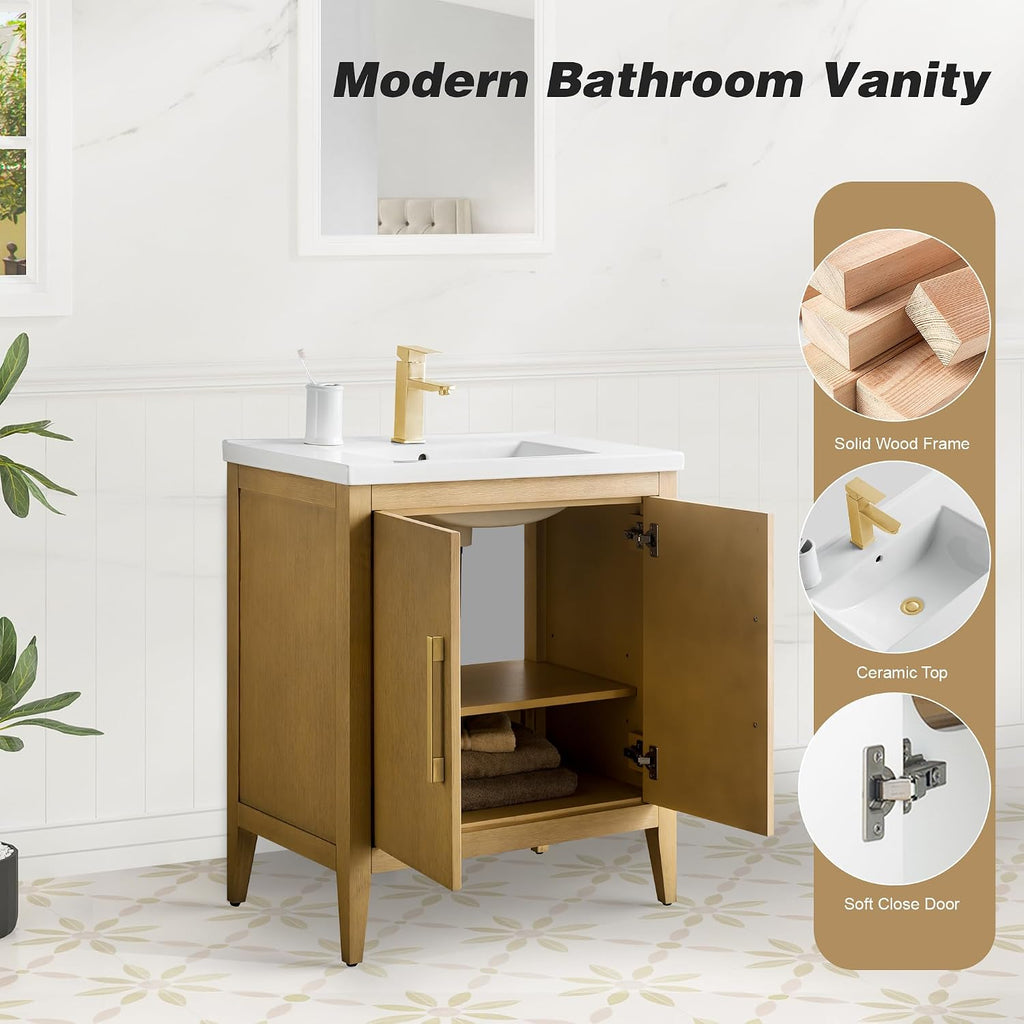 HOMEBEYOND 30 Inch Bathroom Vanities with Sink & Ceramic Top, Single Vanity Cabinet with Basin, Solid Wood Frame, Soft-Closing Doors & Golden Brushed Hardware, Natural Oak