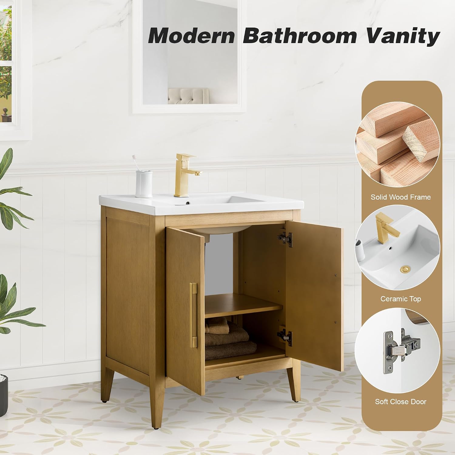 HOMEBEYOND 30 Inch Bathroom Vanities with Sink & Ceramic Top, Single Vanity Cabinet with Basin, Solid Wood Frame, Soft-Closing Doors & Golden Brushed Hardware, Natural Oak