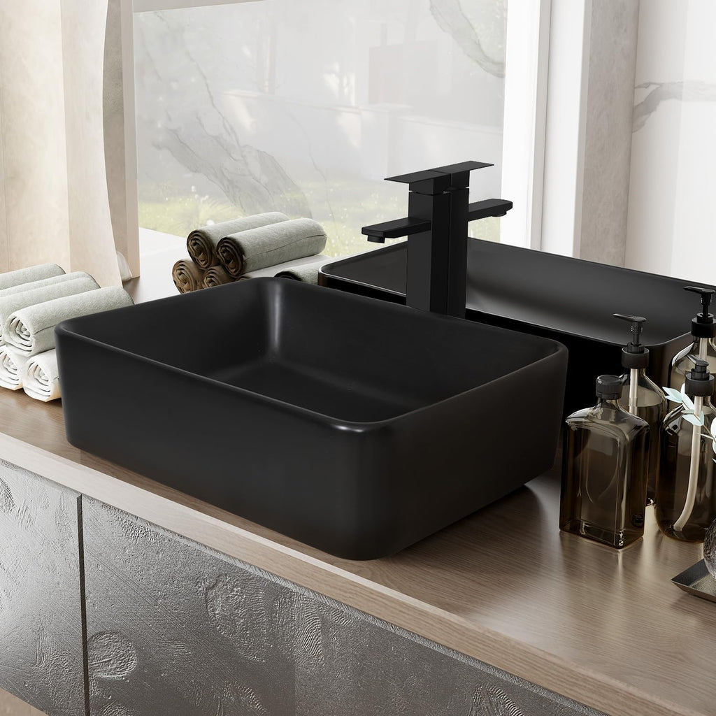 36 Inch Black Floating Bathroom Vanity with 2-Doors and 1-Drawer, Modern Wall Mounted Cabinet with Square Black Ceramic Vessel Sink