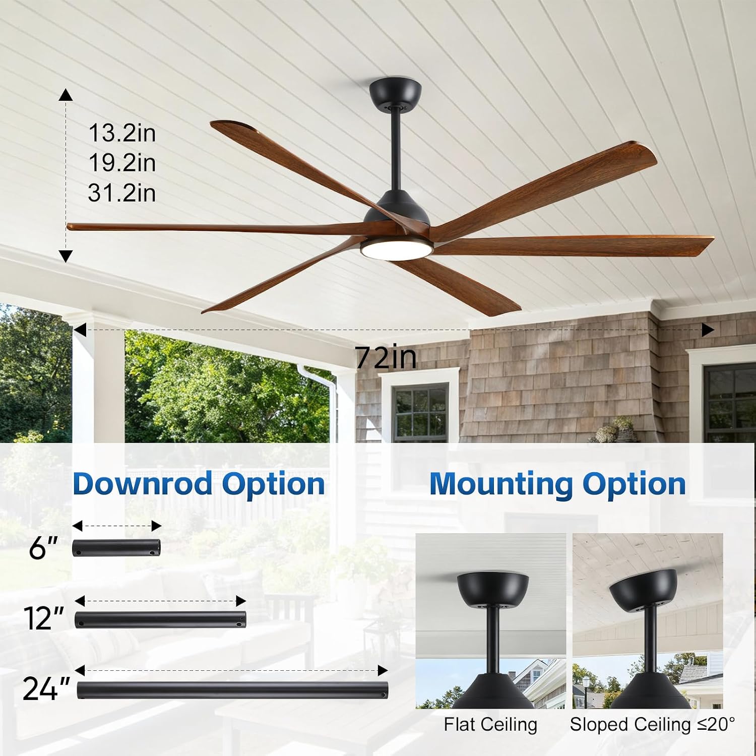 72 Inch Smart Ceiling Fan with Light and Remote via WiFi Alexa, Large Outdoor Ceiling Fans for Patios Damp Rated, Farmhouse Wood Propeller Ceiling Fan for Exterior Outside, High Velocity DC Motor