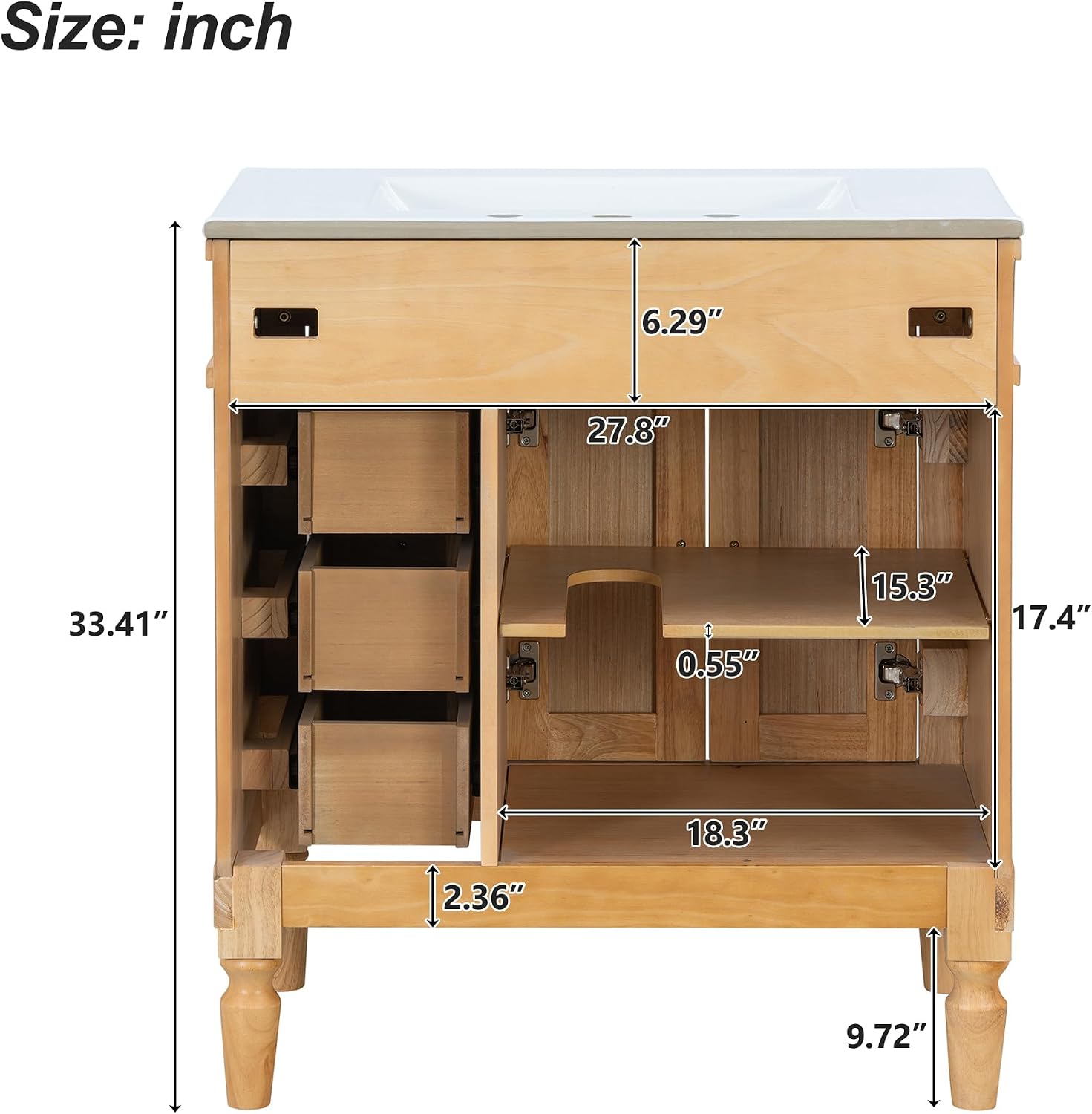 Merax 30' Bathroom Vanity with Sink, 4 Solid Legs, 3 Drawers 2 Doors, Modern Freestanding Wooden Bathroom Cabinet with Undermount Upgraded Ceramic Sink, Quick Assembly, Nature Wood