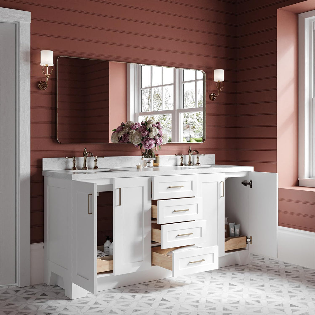 ARIEL Taylor 72-inch Bathroom Vanity with Sink,Solid Wood, 1.5-inch Italian Carrara Marble Countertop, Double Rectangular Porcelain Sink, 4 Soft Closing Doors, 6 Dovetail Drawers, White