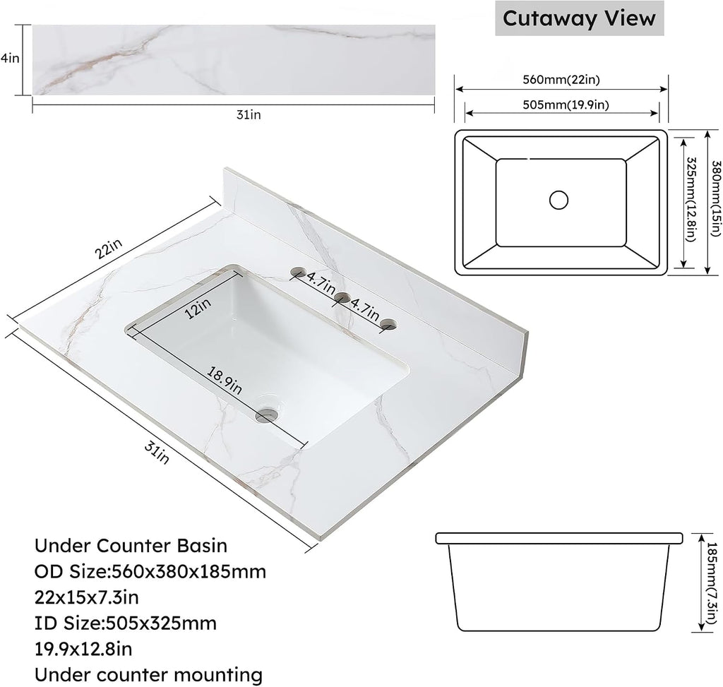 31 x 22 Inch Bathroom Vanity Top, Sintered Stone Top with Ceramic Sink, Three Hole Vanity Top With Undermount Rectangular Sink and 1 Backsplash (Carrara Gold, 3 Hole)
