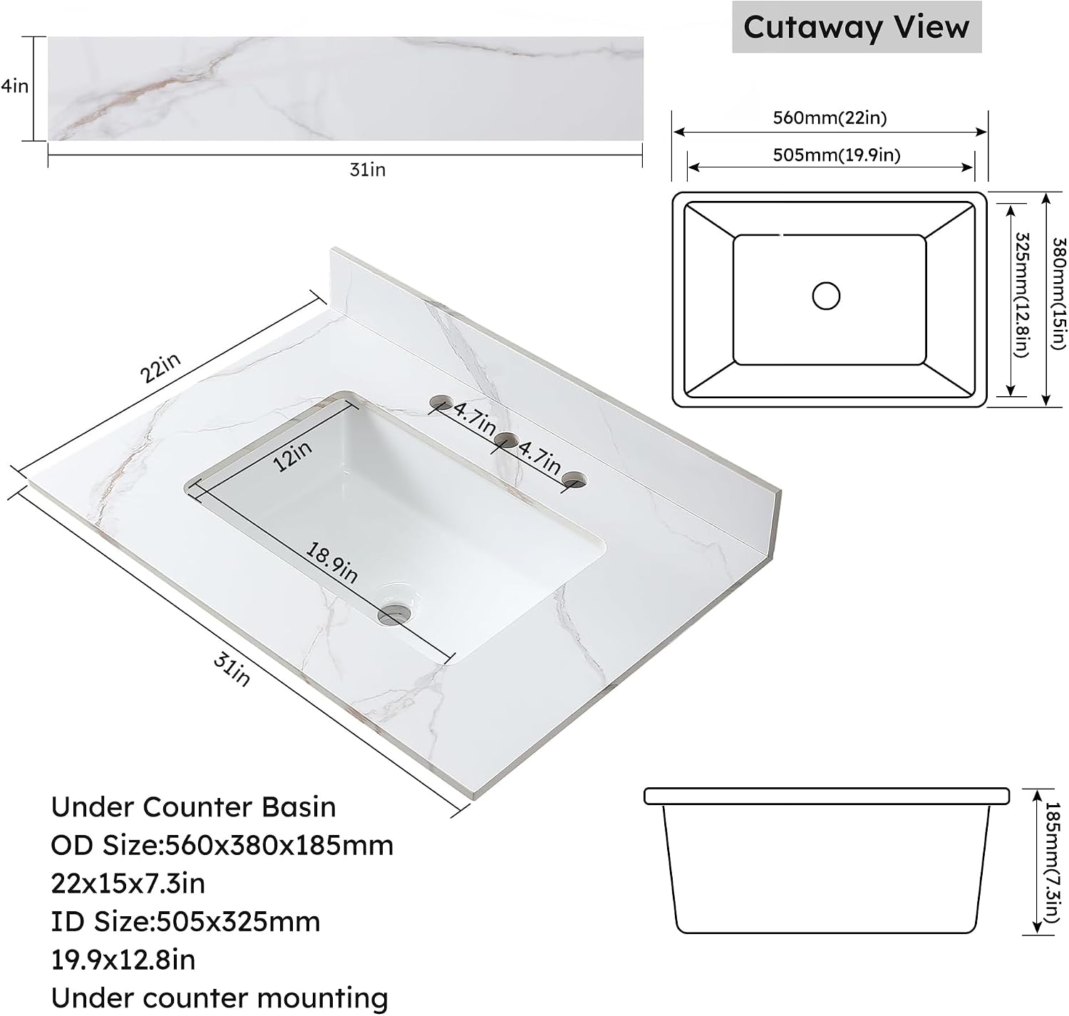 31 x 22 Inch Bathroom Vanity Top, Sintered Stone Top with Ceramic Sink, Three Hole Vanity Top With Undermount Rectangular Sink and 1 Backsplash (Carrara Gold, 3 Hole)
