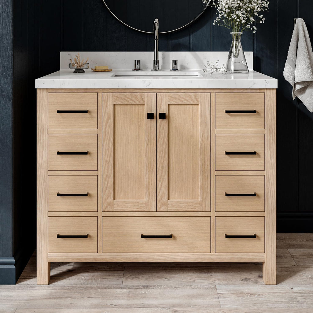 ARIEL Cambridge 42-inch Bathroom Vanity with Sink,Solid Wood, 1.5-inch Carrara White Quartz Countertop, Single Rectangular Porcelain Sink, 2 Soft Closing Doors, 9 Dovetail Drawers, White Oak