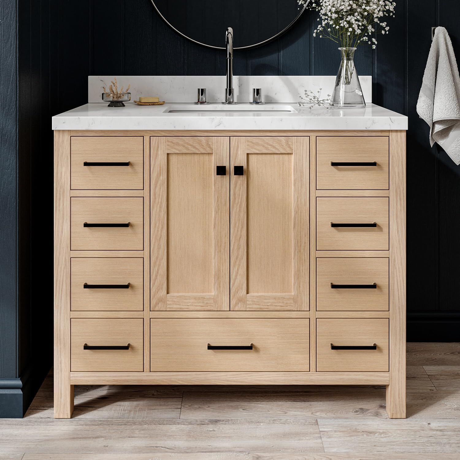 ARIEL Cambridge 42-inch Bathroom Vanity with Sink,Solid Wood, 1.5-inch Carrara White Quartz Countertop, Single Rectangular Porcelain Sink, 2 Soft Closing Doors, 9 Dovetail Drawers, White Oak
