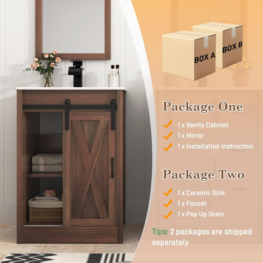 chartustriable 24 Inch Bathroom Vanity with Sink & Faucet & Mirror, Farmhouse Bathroom Vanity Cabinet Set with Sliding Barn Door & Drawers, Small Single Bath Storage Vanity Sink, Brown
