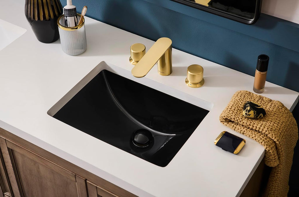 Ruvati 16 x 11-3/4 inch Undermount Bathroom Sink Black Rectangular Porcelain Ceramic with Overflow- RVB0718BK- Durable, Stain-Resistant Small Sink for Modern Bathrooms, Perfect for Vanity Sinks