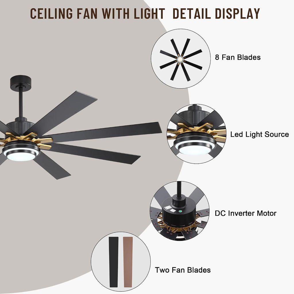 72'' Large Ceiling Fan with Light and Remote/APP Control,LED Dimmable Ceiling Fan,6 Speed,Reversible Whisper Quiet DC Motor for Farmhouse Patio Living Room Bedroom Indoor/Outdoor