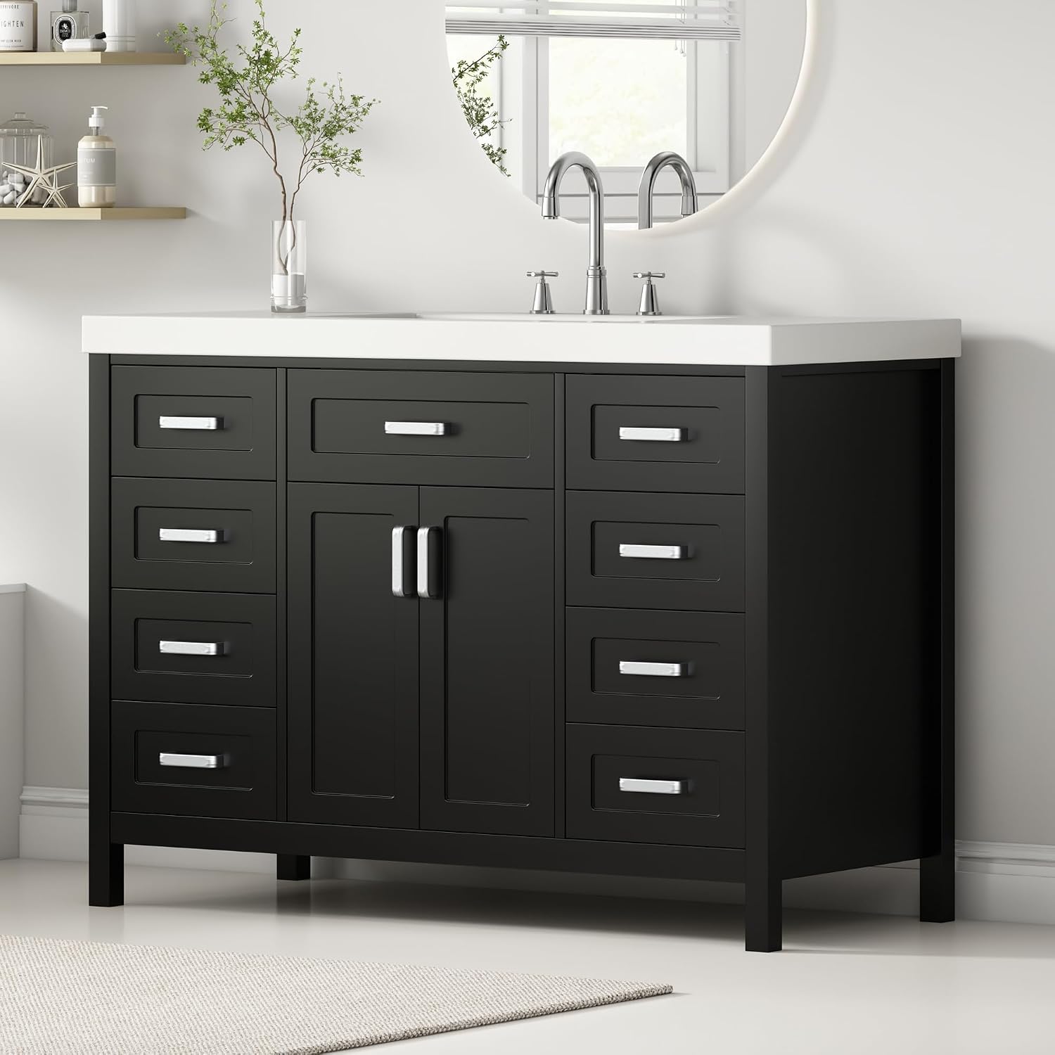 Harper & Bright Designs 48' Bathroom Vanity Set with Sink, Free Standing Single Basin Vanity Set with 2 Soft-Close Doors and 8 Drawers, Wood Storage Cabinet with Resin Basin for Bathroom, Black