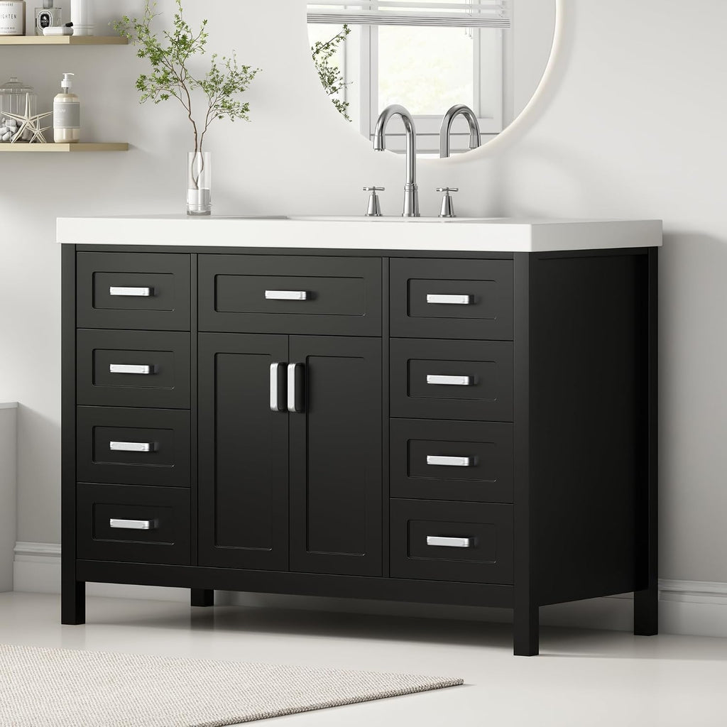 48' Bathroom Vanity with Sink, 2 Doors and 8 Drawers, Soft Close System, Classic Design, Black