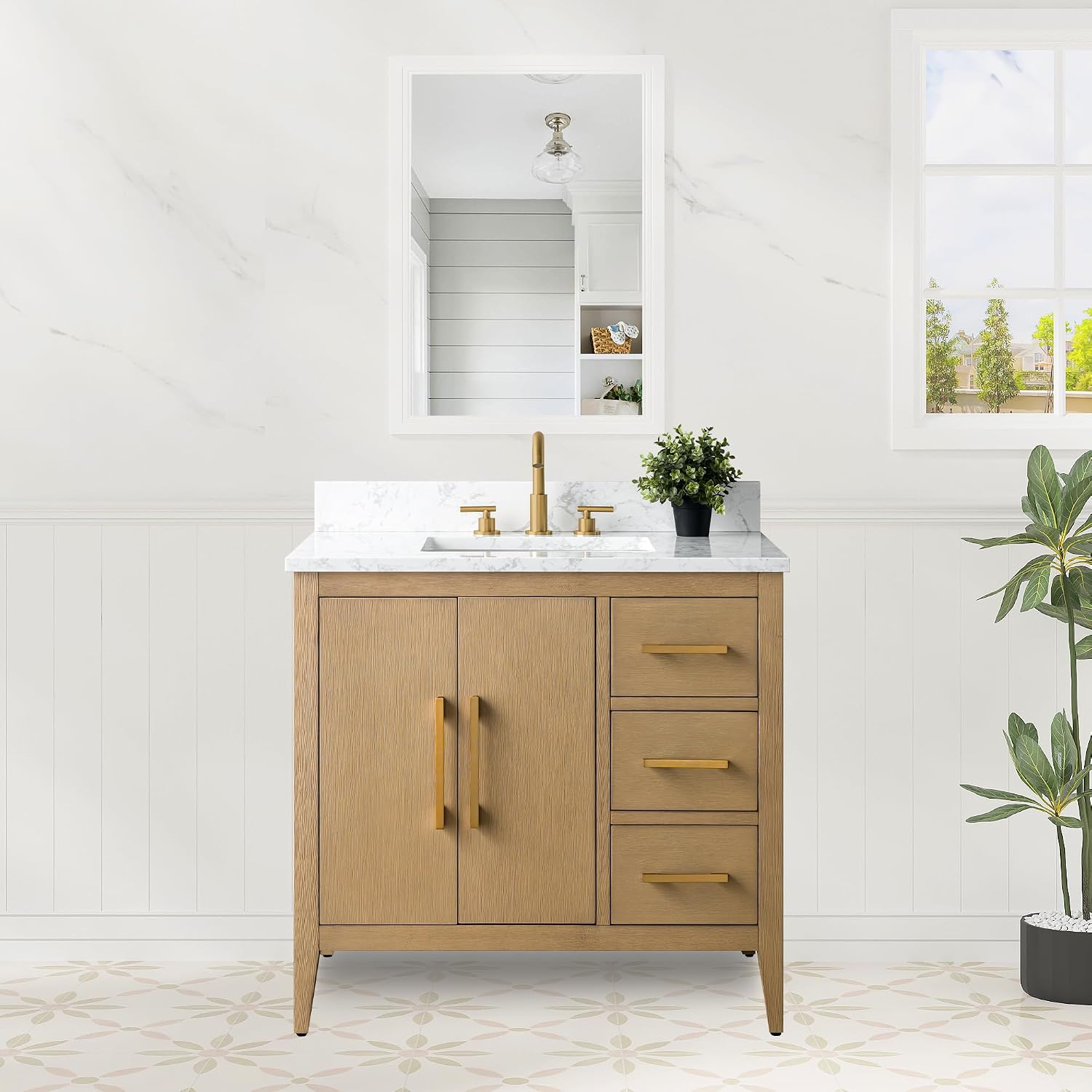 HOMEBEYOND 36 Inch Bathroom Vanities with Sink & Ceramic Top, Single Vanity Cabinet with Basin, Solid Wood Frame, Soft-Closing Doors & Golden Brushed Hardware, Natural Oak
