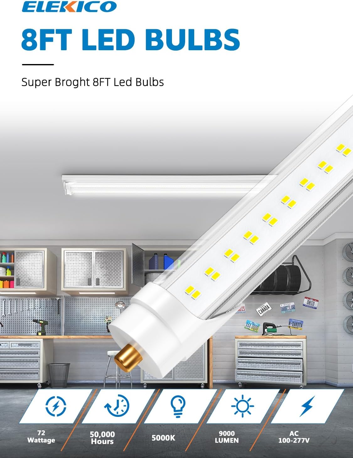 ELEKICO 8FT LED Bulbs, Super Bright 72W 9000lm 5000K, T8 T10 T12 LED Tube Lights, FA8 Single Pin T8 LED Lights, Clear Cover, 8 Foot LED Bulbs to Replace Fluorescent Light Bulbs (Pack of 6)