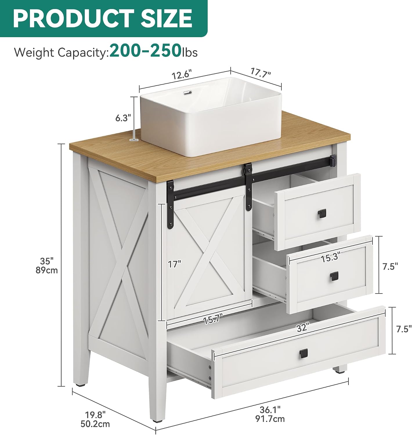 DWVO 36' Farmhouse Bathroom Vanity with Sink Combo, Barn Door Bathroom Storage Cabinet with Sliding Door & 3 Drawers, Ceramic Vessel Sink Top, White