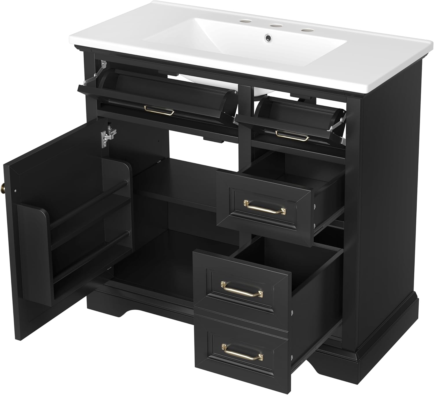 36' Bathroom Vanities Cabinet with Ceramic Sink Set Combo, Tip-Out Drawers, Storage Organizer Door Shelf, Soft-Closing Door, Black