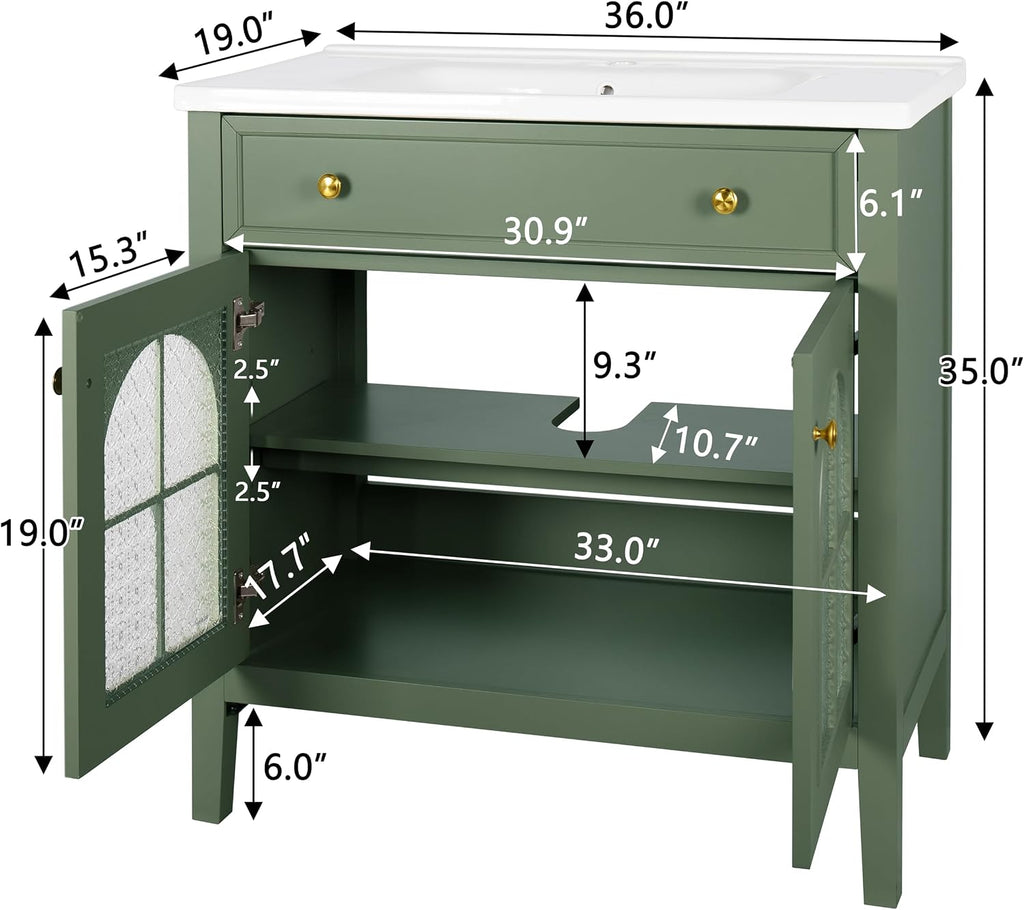 36 inch Bathroom Vanity with Sink Combo, Mid Century Modern Freestanding Bathroom Cabinet with Integrated Ceramic Sink, Flip Top Drawer, Flower Patterned Glass Doors, Adjustable Shelves, Green