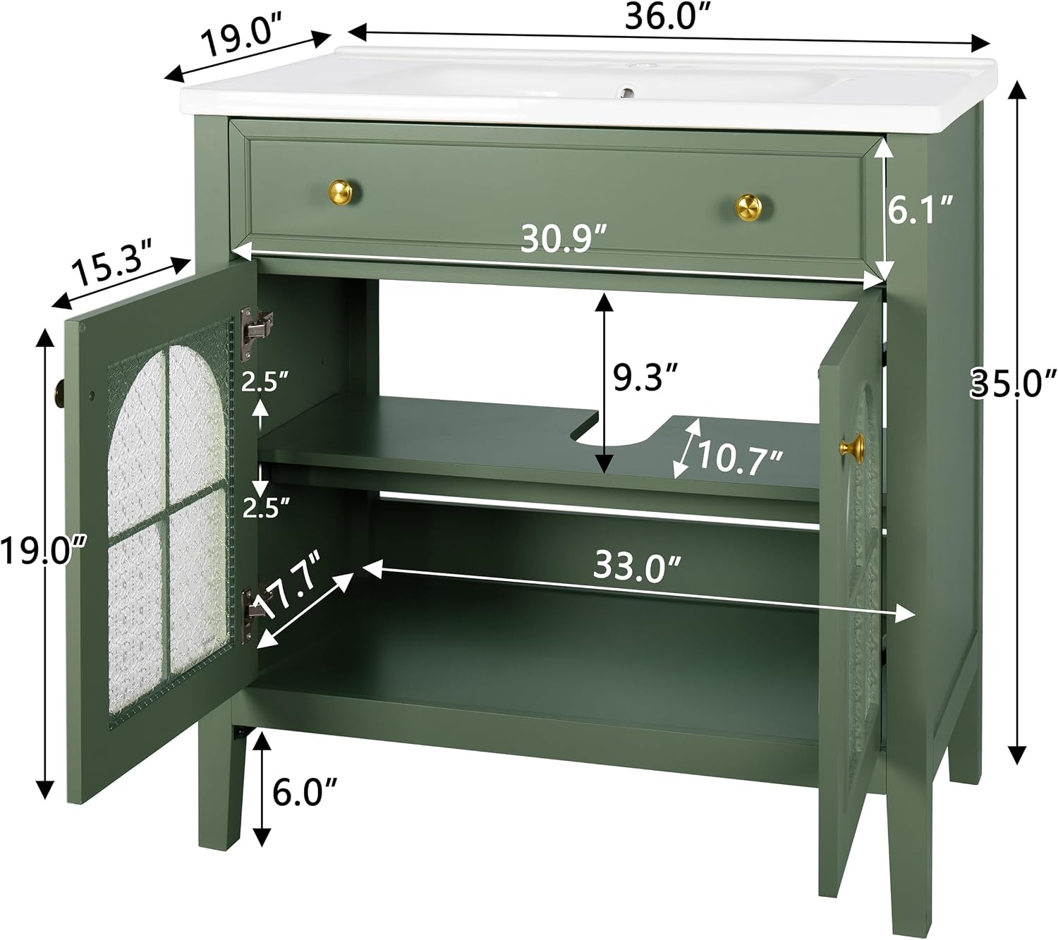 36 inch Bathroom Vanity with Sink Combo, Mid Century Modern Freestanding Bathroom Cabinet with Integrated Ceramic Sink, Flip Top Drawer, Flower Patterned Glass Doors, Adjustable Shelves, Green