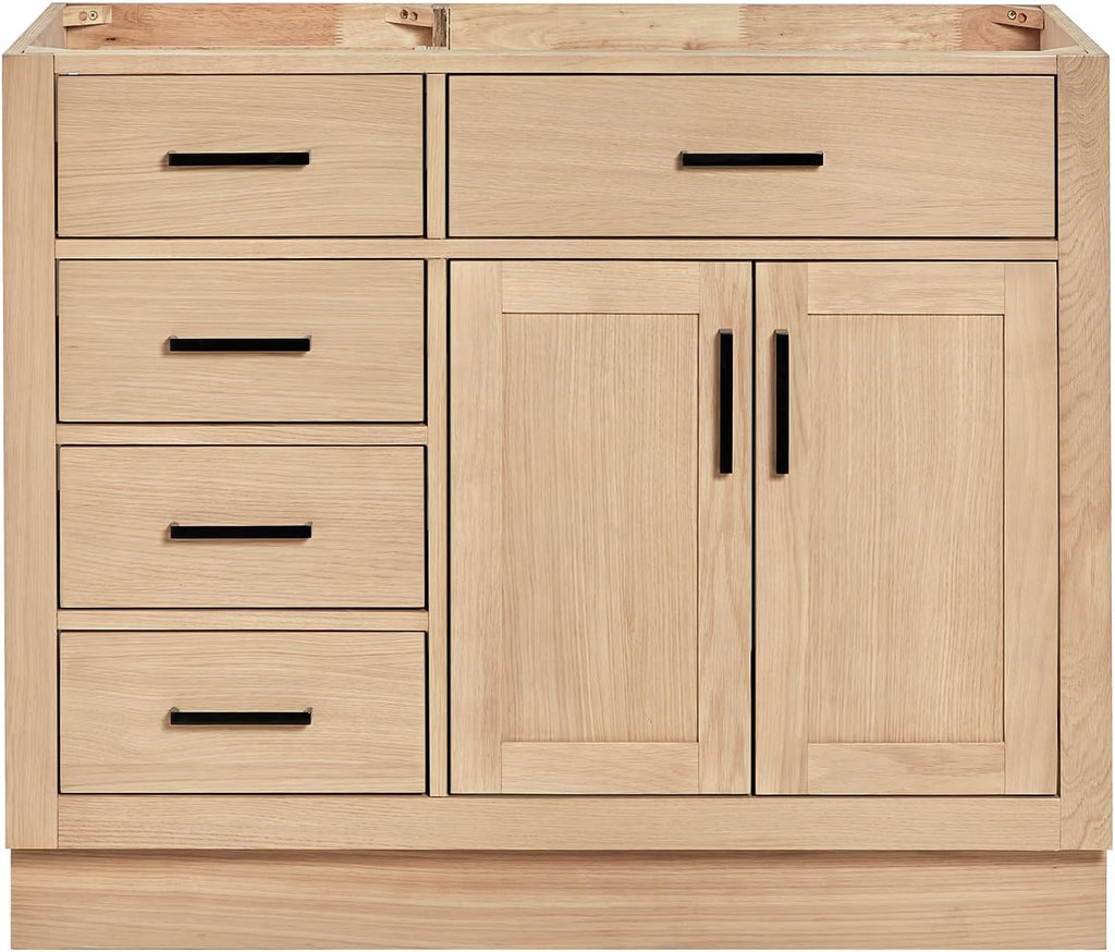 ARIEL Hepburn 42-inch Bathroom Vanity Base Cabinet,Solid Wood, 2 Soft Closing Doors, 5 Dovetail Drawers, White Oak