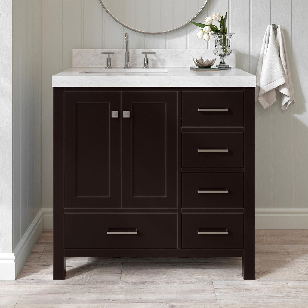 ARIEL Cambridge 36-inch Bathroom Vanity with Sink,Solid Wood, 2-inch Italian Carrara Marble Countertop, Single Rectangular Porcelain Sink, 2 Soft Closing Doors, 5 Dovetail Drawers, Espresso