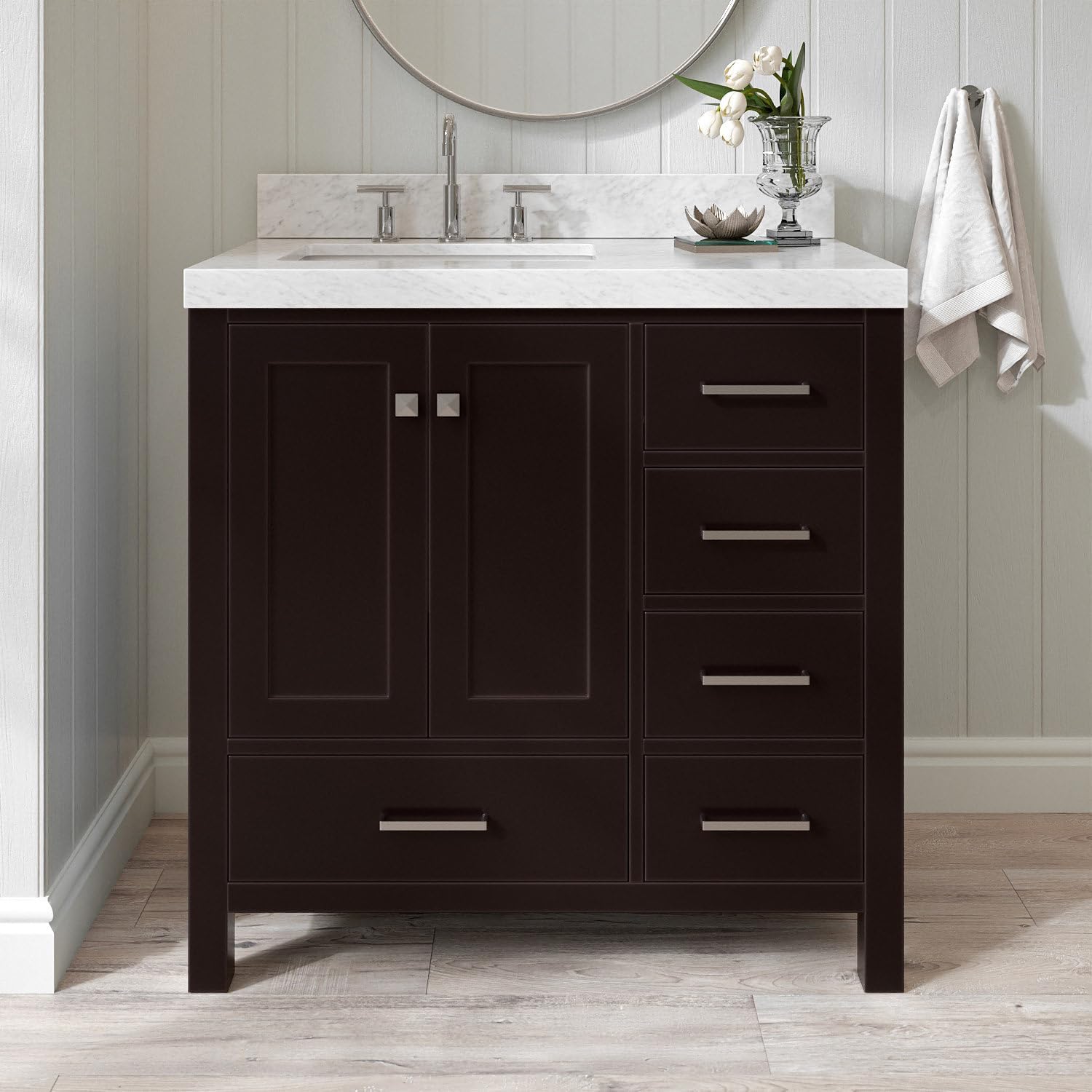 ARIEL Cambridge 36-inch Bathroom Vanity with Sink,Solid Wood, 2-inch Italian Carrara Marble Countertop, Single Rectangular Porcelain Sink, 2 Soft Closing Doors, 5 Dovetail Drawers, Espresso