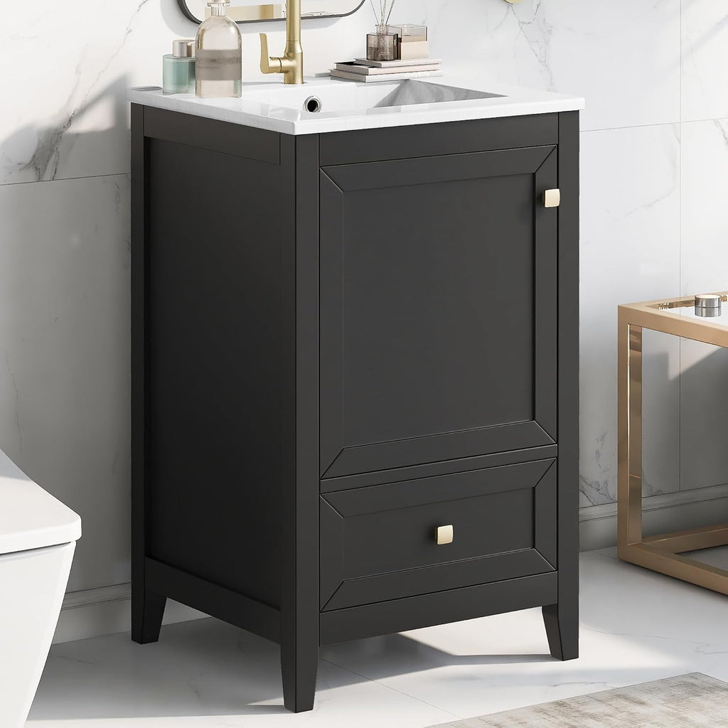 20-inch Bathroom Vanity with Sink, Free Standing Vanity Cabinet with Soft Closing Door, Storage Rack, and Drawer, Solid Wood Bath Vanity Set with Ceramic Sink for Bathroom (Black)