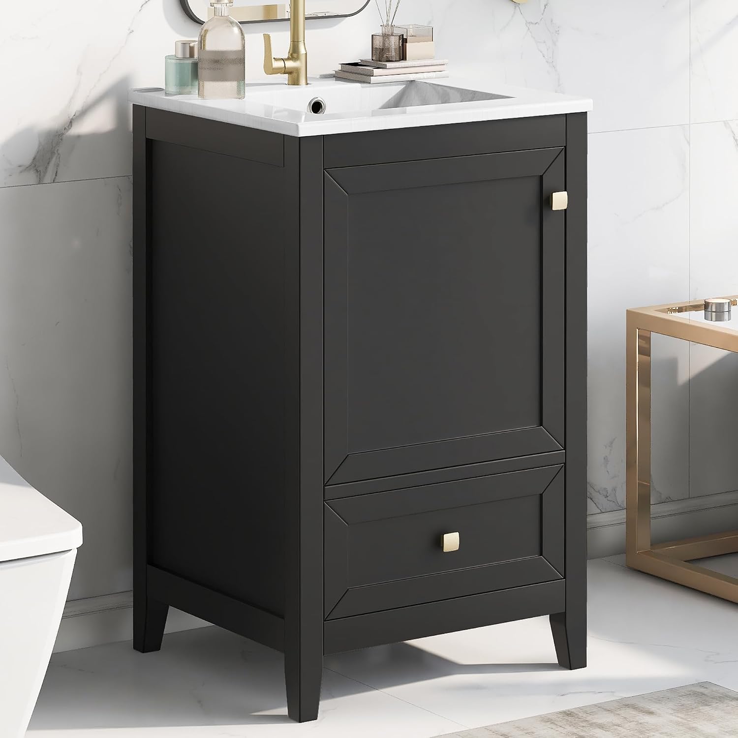 Harper & Bright Designs 20' Bathroom Vanity with Sink, Free Standing Single Vanity Set with One Drawer, and Door Storage Shelf, Solid Wood Storage Cabinet with Ceramic Basin for Bathroom, Black