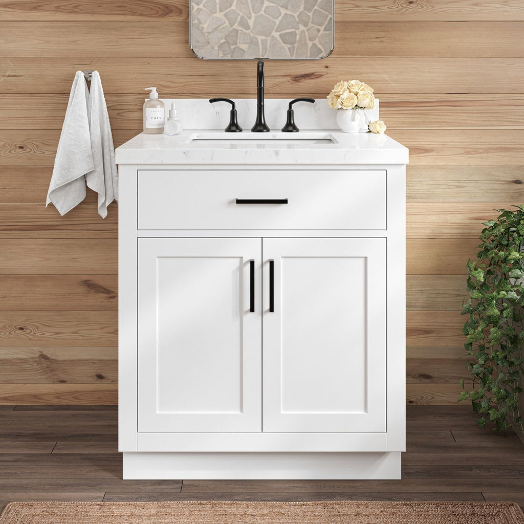 ARIEL Hepburn 30-inch Bathroom Vanity with Sink,Solid Wood, 1.5-inch Carrara White Quartz Countertop & Backsplash, Single Rectangular Porcelain Sink, 2 Soft Closing Doors, 1 Dovetail Drawers, White