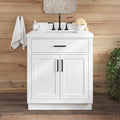 ARIEL Hepburn 30-inch Bathroom Vanity with Sink,Solid Wood, 1.5-inch Carrara White Quartz Countertop & Backsplash, Single Rectangular Porcelain Sink, 2 Soft Closing Doors, 1 Dovetail Drawers, White