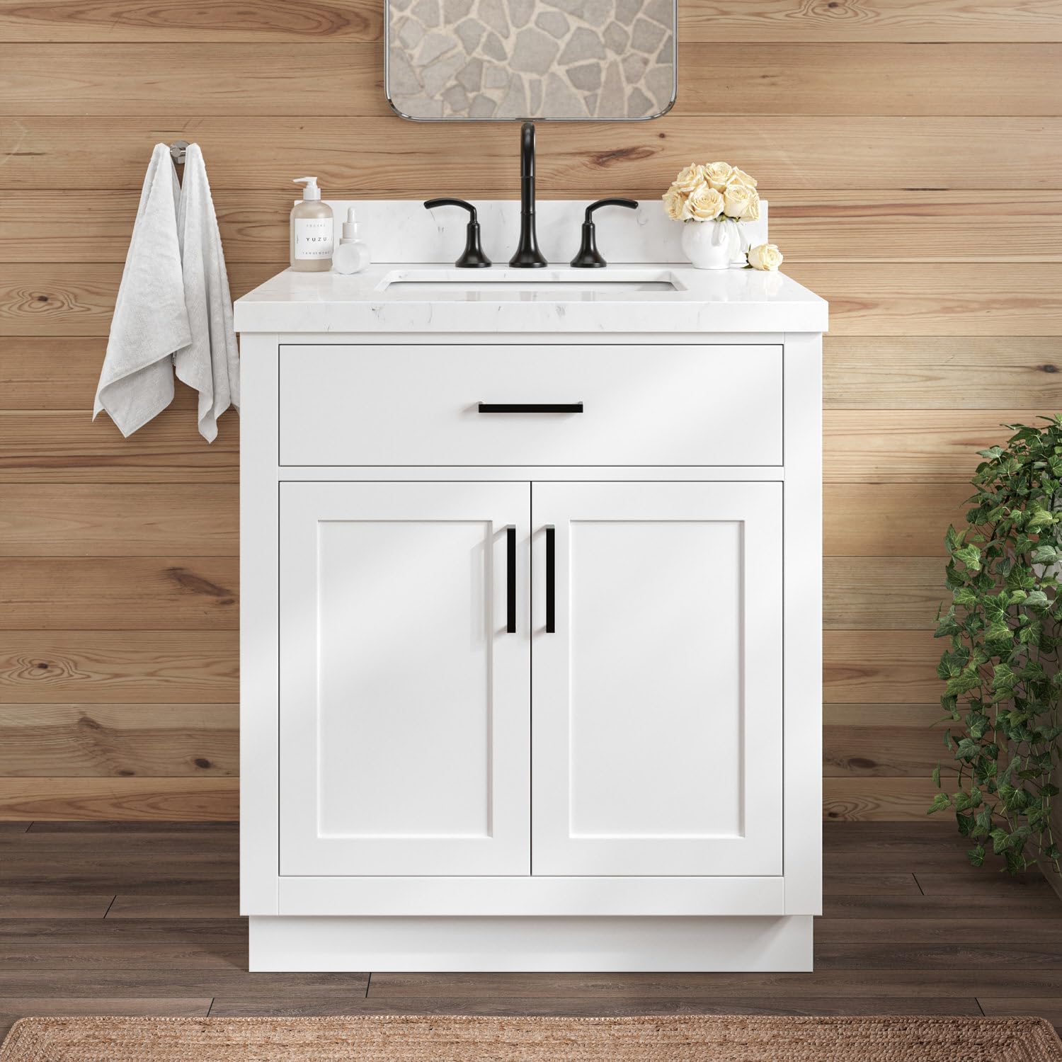 ARIEL Hepburn 30-inch Bathroom Vanity with Sink,Solid Wood, 1.5-inch Carrara White Quartz Countertop & Backsplash, Single Rectangular Porcelain Sink, 2 Soft Closing Doors, 1 Dovetail Drawers, White