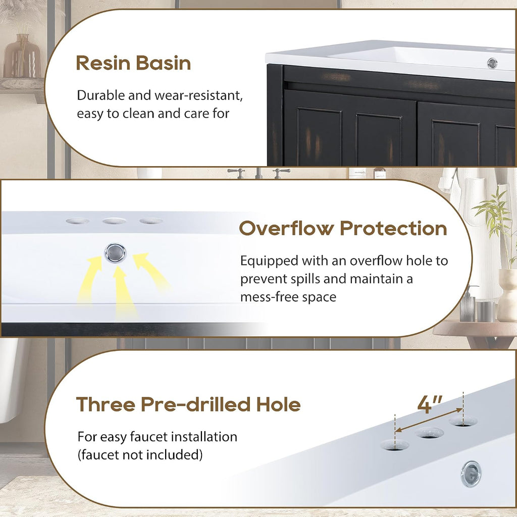 SOFTSEA 36' Bathroom Vanity with Sink Combo, Single Sink Bathroom Vanity with Soft-Close Doors, Solid Wood Frame Bathroom Cabinet, Resin Basin, Easy Assembly, Espresso