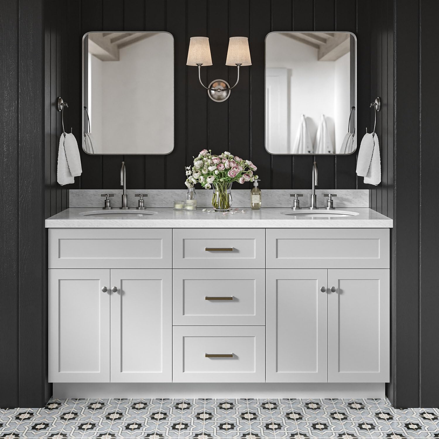 DKB Bradford 66' Grey Double Bathroom Vanity, 1.5' Edge Italian Carrara Marble Countertop, Double Oval Undermount Sinks, 2 Soft Closing Doors, 3 Dovetail Drawers, Brushed Nickel