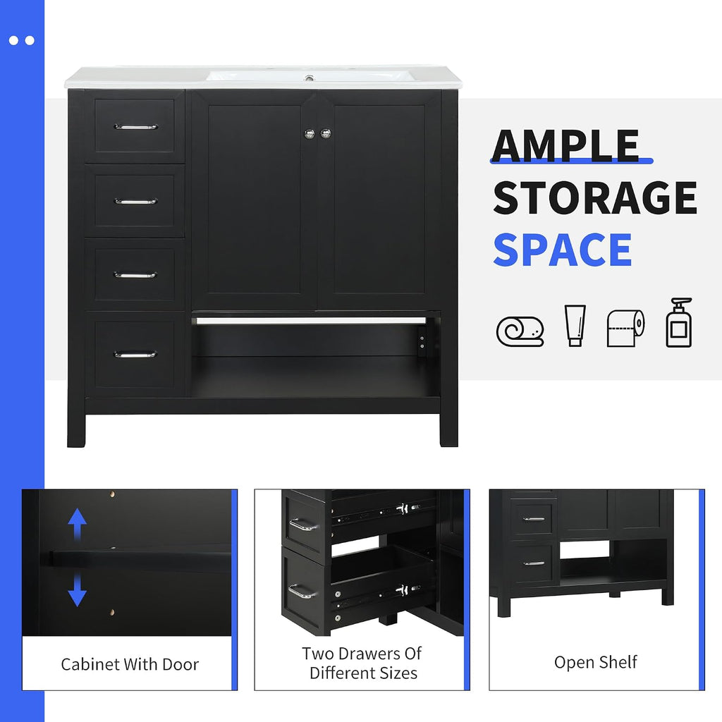 LUMISOL 36 Inch Bathroom Vanity with Sink, Black Freestanding Bathroom Vanity Cabinet with Ceramic Top, 2 Soft-Close Drawers, Open Storage Shelf & Single Offset Sink, Black