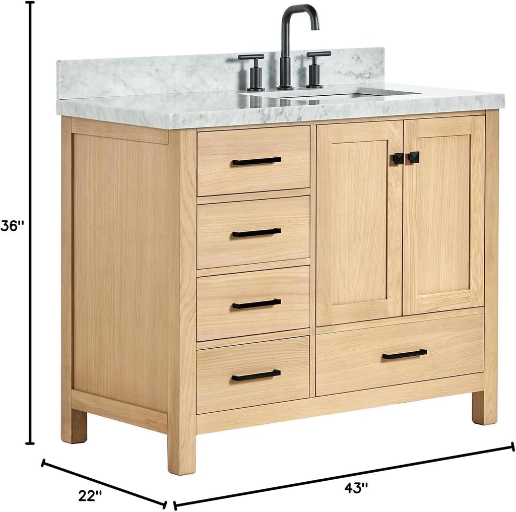 ARIEL 66-Inch Oak Bathroom Vanity with Sink, Italian Carrara Marble Countertop 1.5' Edge & Backsplash, Soft Closing Doors & Drawers, Matte Black Hardware