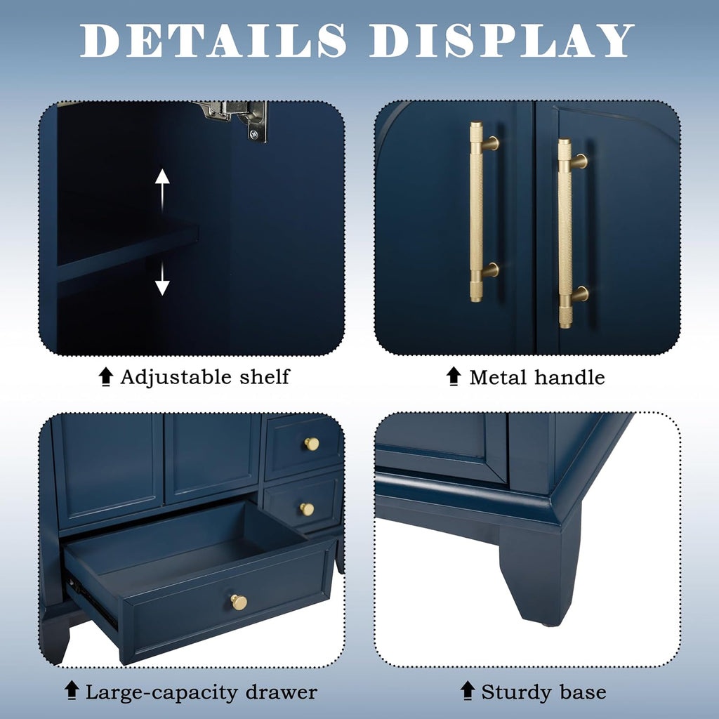 36 inch Bathroom Vanity with Sink Combo, Mid Century Modern Freestanding Bathroom Cabinet with Integrated Ceramic Sink, 4 Storage Drawers, 2 Soft Closed Doors, Adjustable Shelves, Golden Handle, Blue