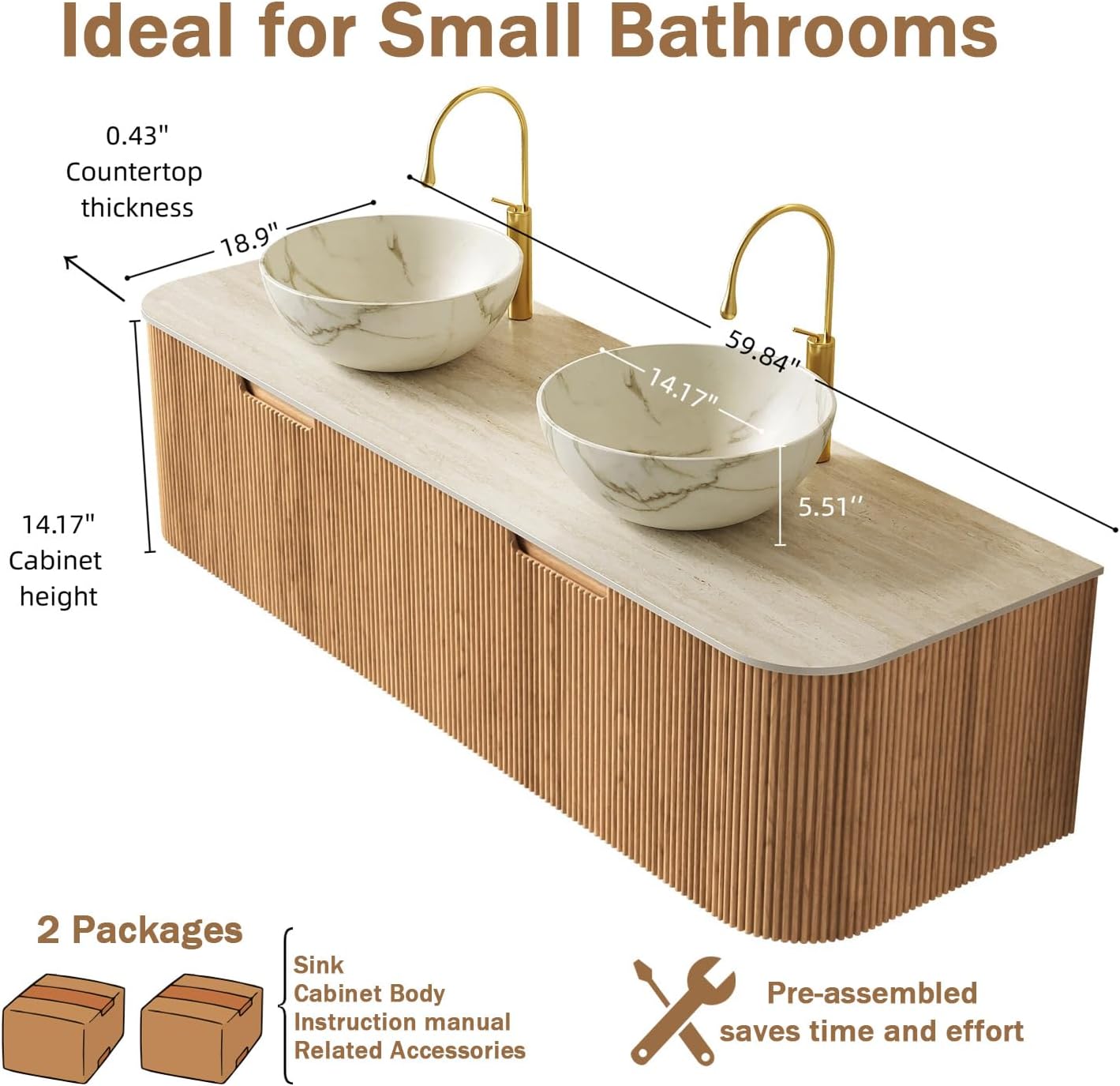 Eleshine 60' Wall Mounted Floating Bathroom Vanity with Double Sinks, 2 Drawers, Curved Edges, Matte White Ceramic Bowl Basins, Carrara White Sintered Stone Top, Pre-Assembled, Natural Woodgrain