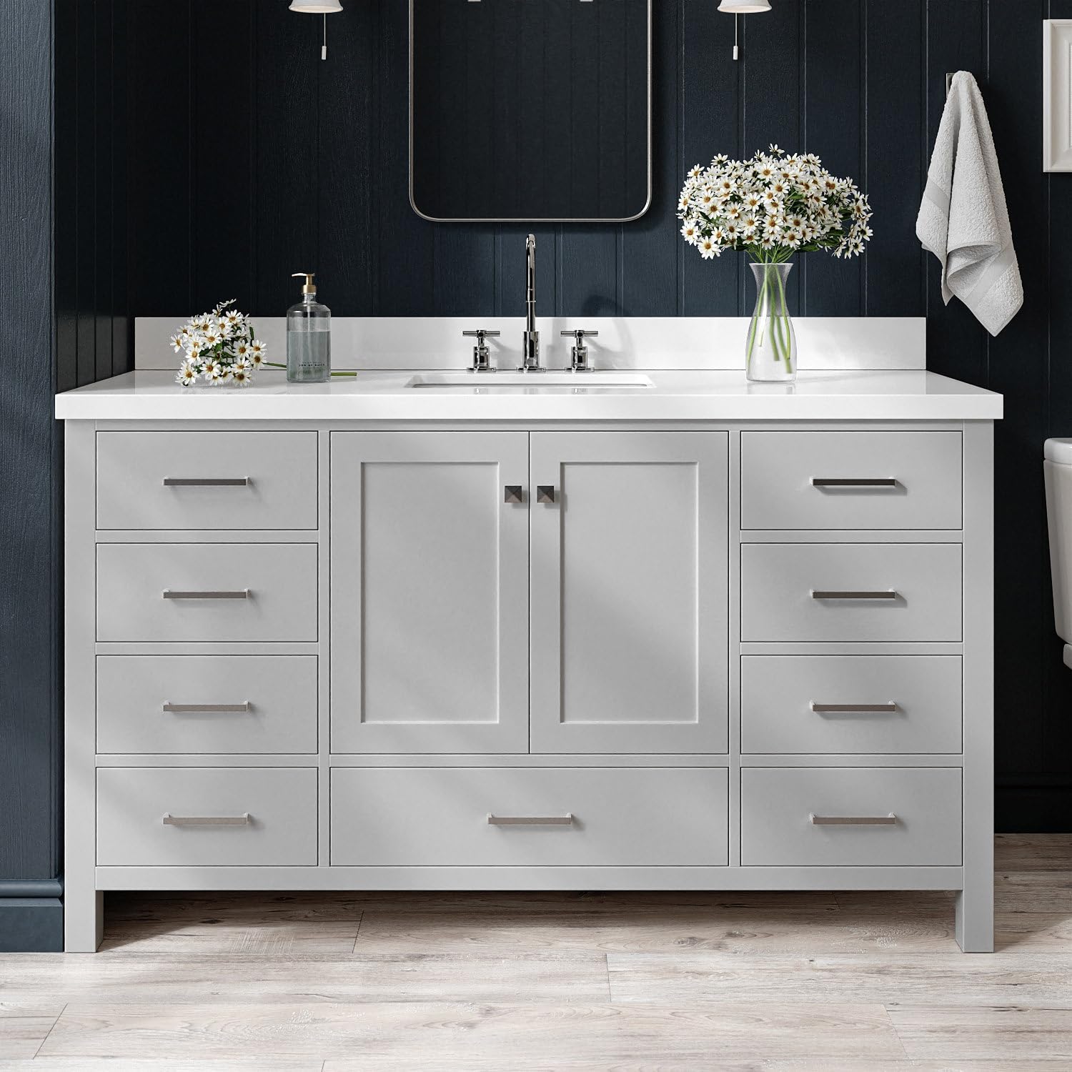 ARIEL Cambridge 60-inch Bathroom Vanity with Sink,Solid Wood, 1.5-inch Pure White Quartz Countertop & Backsplash, Single Rectangular Porcelain Sink, 2 Soft Closing Doors, 9 Dovetail Drawers, Grey