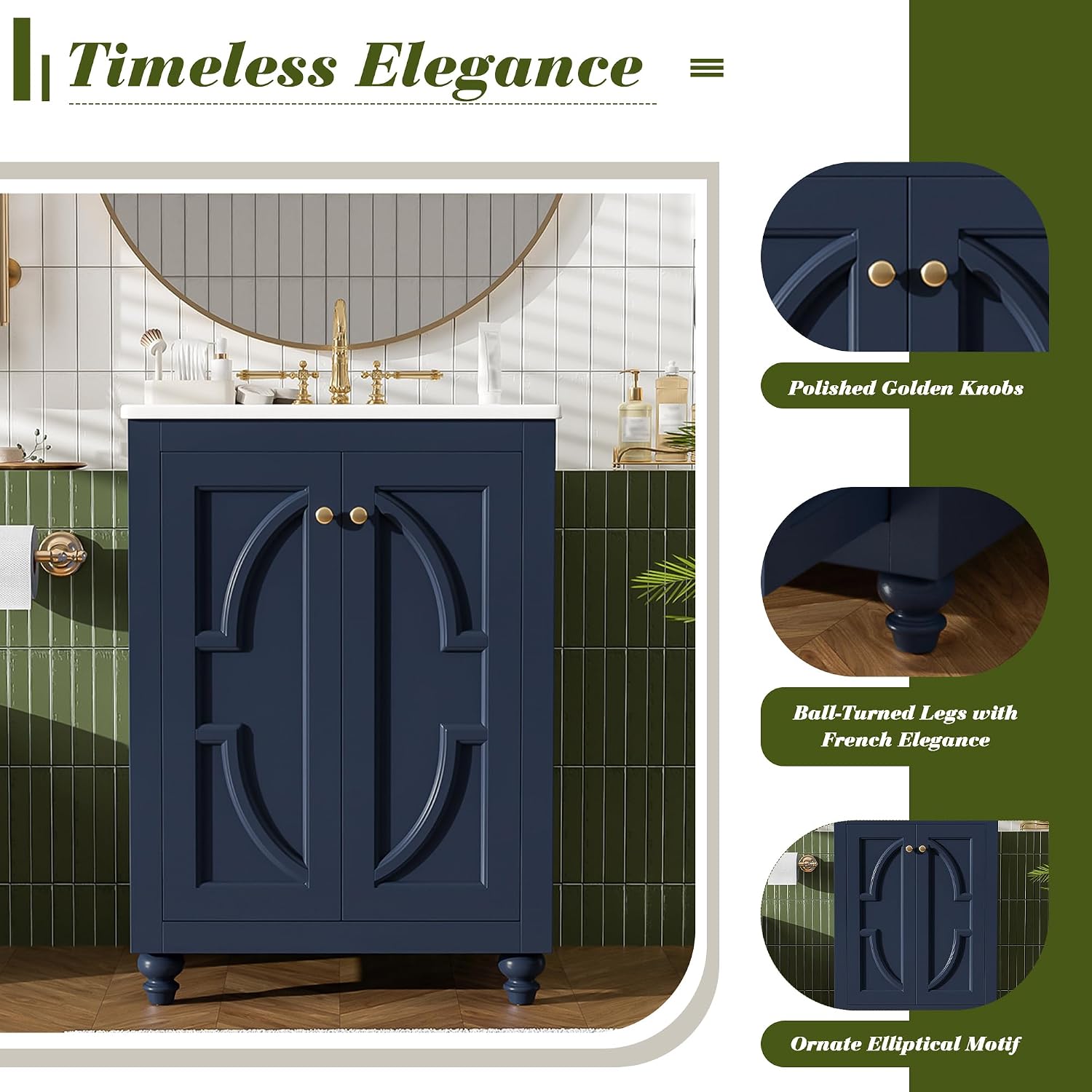 VilroCaz 24' Modern Bathroom Vanity with Ceramic Sink, Ornate Elliptical Motif Design & Soft-Close Hinges, Wood Bathroom Cabinet with Ball-Turned Legs, French Elegance (Blue-Ele)