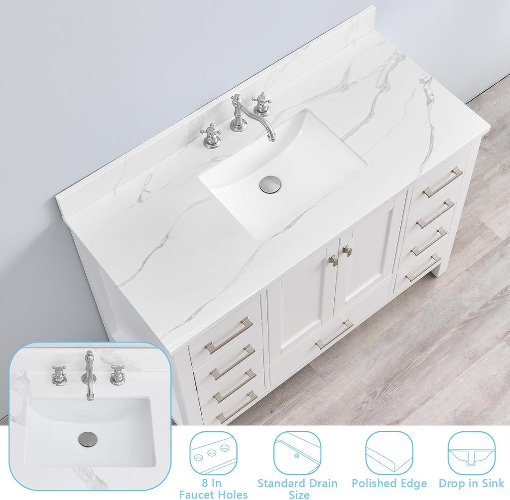 48 in. W x 22 in D Quartz Vanity Top in Calacatta Rocky, Vanity Sink Top with Assembled Single Drop-in Sink, Pre-Drilled Widespread Faucet Holes Countertop with 4' H Backsplash