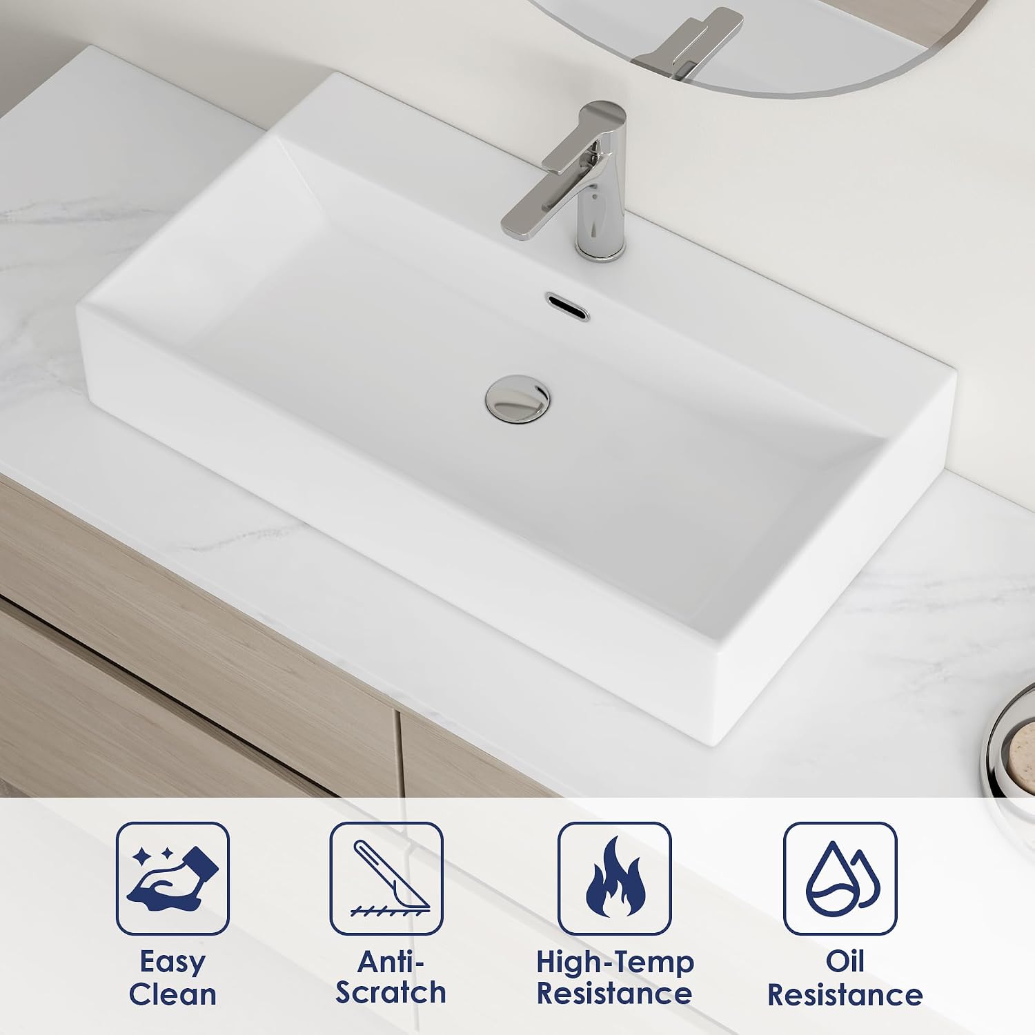 Eridanus Bathroom Sink 30' x 16' Rectangular Vessel Sink, Wall Mount Above Counter Vanity Sink, Premium Ceramic White Art Basin with Overflow, Lavatory Trough Floating Washbasin