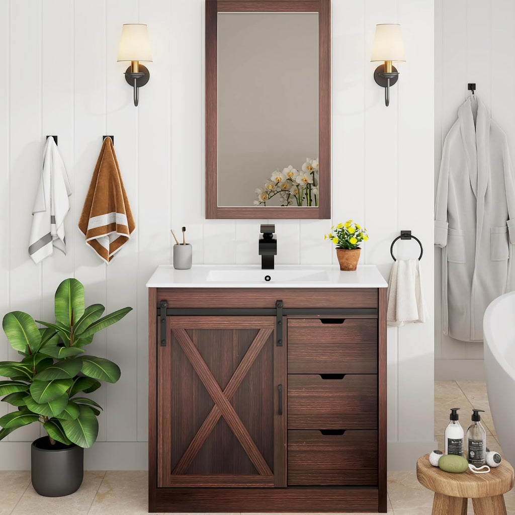 chartustriable 36 Inch Bathroom Vanity with Sink & Faucet & Mirror, Farmhouse Bathroom Vanity Cabinet Set with Sliding Barn Door & Drawers, Small Single Bath Storage Vanity Sink, Brown