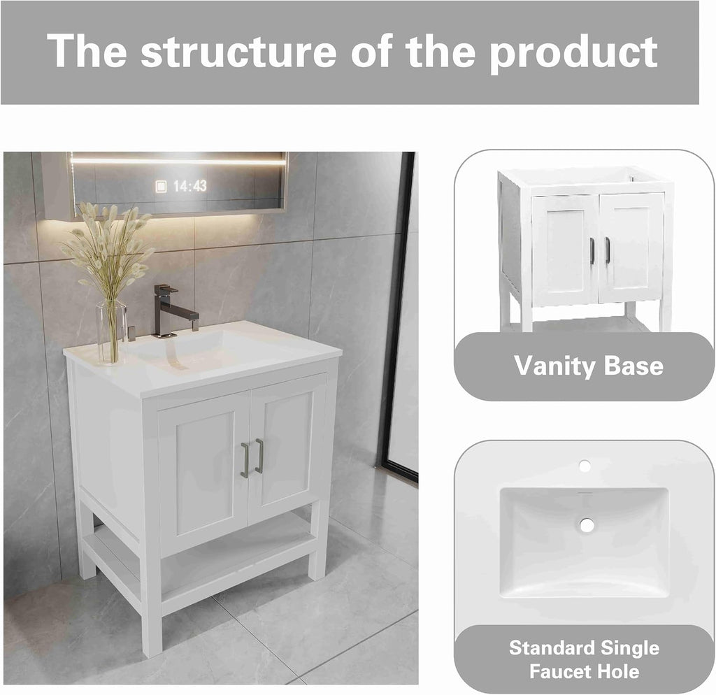 24' Bathroom Vanity with Sink – Freestanding Solid Wood Cabinet with Open Shelf, Soft-Close Doors, Matte White Resin Integrated Top (25' Top Included, White)