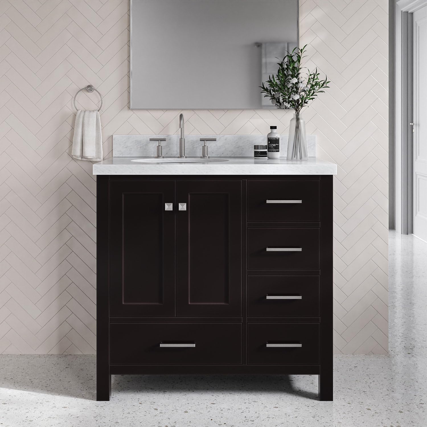 ARIEL Cambridge 36-inch Bathroom Vanity with Sink,Solid Wood, 1.5-inch Italian Carrara Marble Countertop & Backsplash, Single Oval Porcelain Sink, 2 Soft Closing Doors, 5 Dovetail Drawers, Espresso