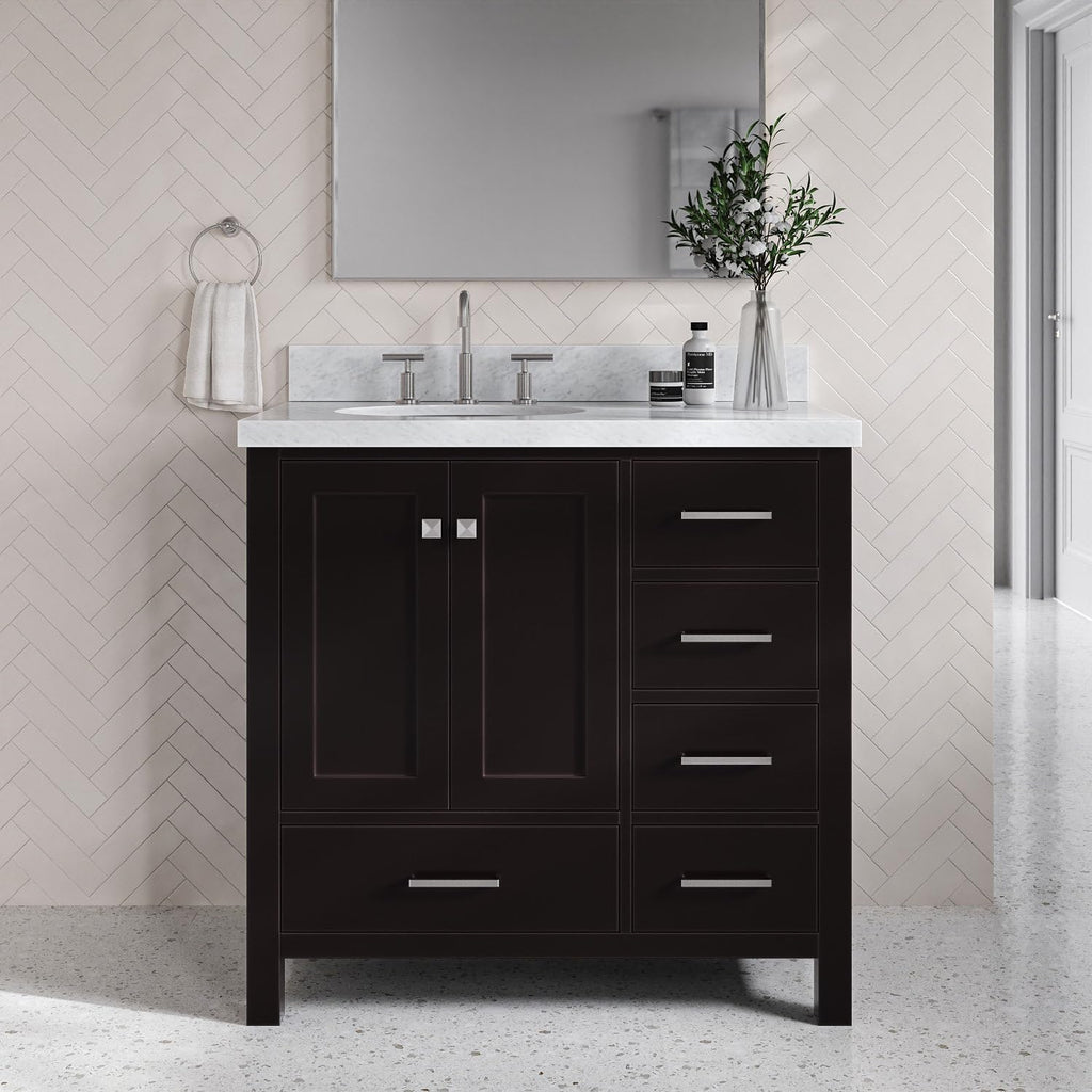 DKB Beckford 36-Inch Espresso Bathroom Vanity with Sink, 1.5-Inch Carrara Marble Countertop & Backsplash, Left Oval Undermount Sink, 2 Soft Closing Doors, 5 Dovetail Drawers, Solid Wood Frame