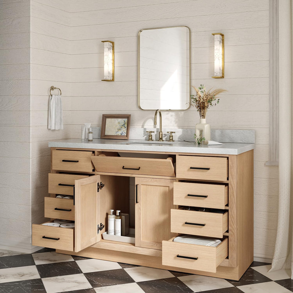 ARIEL Hepburn 60-inch Bathroom Vanity with Sink,Solid Wood, 1.5-inch Italian Carrara Marble Countertop, Single Rectangular Porcelain Sink, 2 Soft Closing Doors, 9 Dovetail Drawers, White Oak