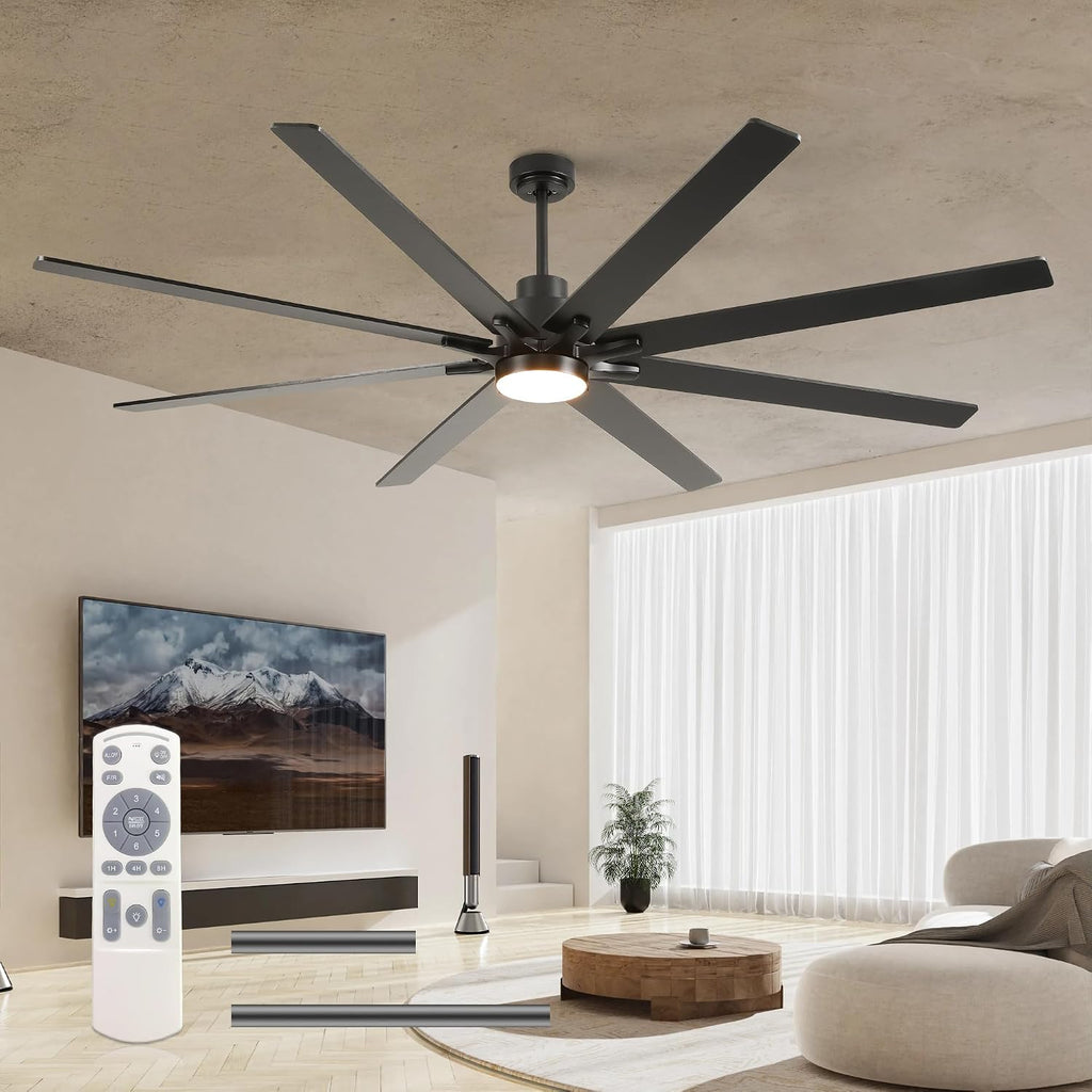 84 Inch Large Size With Light Kit & Remote Control 8 PCS Blades Ceiling Fan 3 Color Dimmable Led Dc Motor Reversible 6 Speed Quiet Remote Control Ceiling Fan For Living Room Bedroom Indoor Matte Black