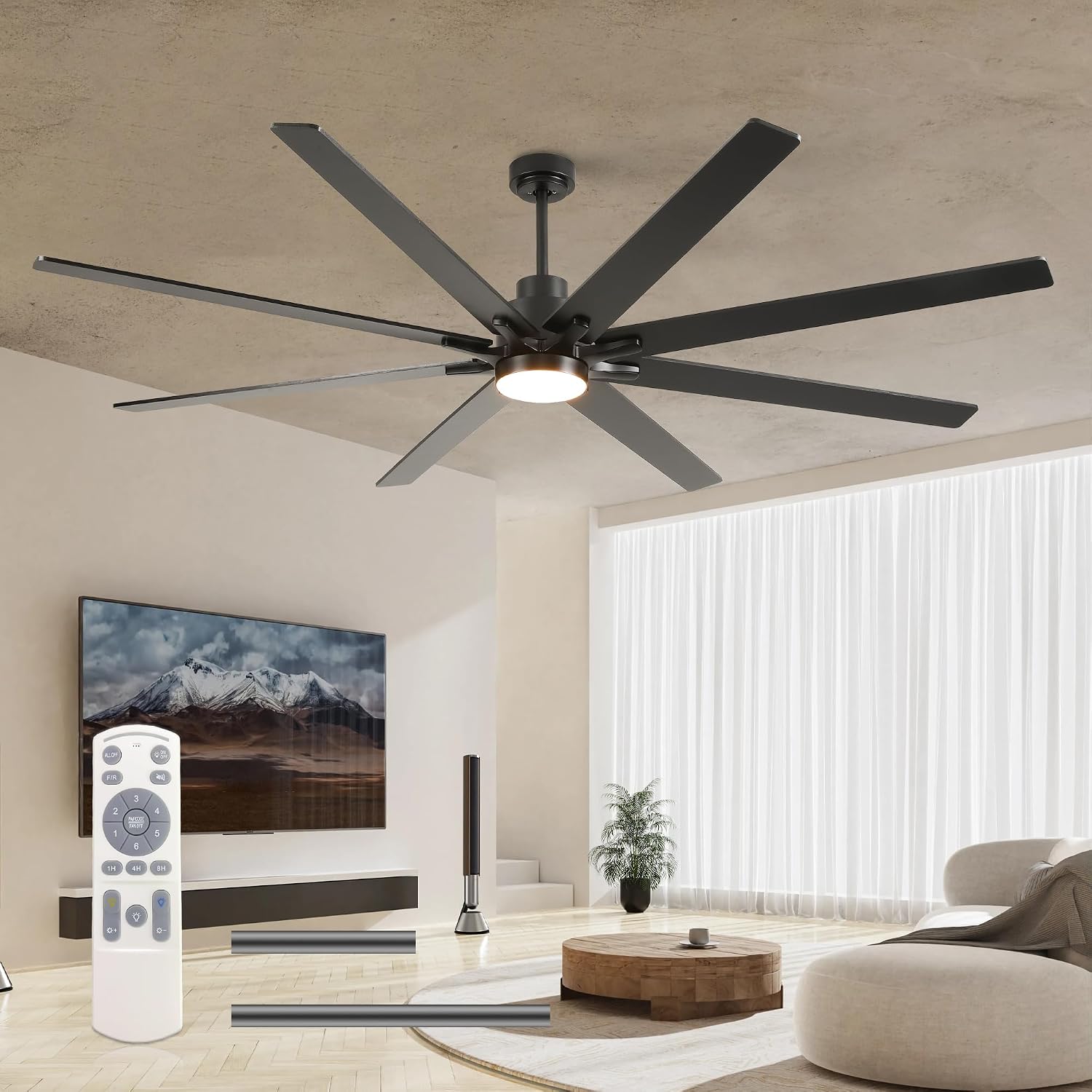 84 Inch Large Size With Light Kit & Remote Control 8 PCS Blades Ceiling Fan 3 Color Dimmable Led Dc Motor Reversible 6 Speed Quiet Remote Control Ceiling Fan For Living Room Bedroom Indoor Matte Black